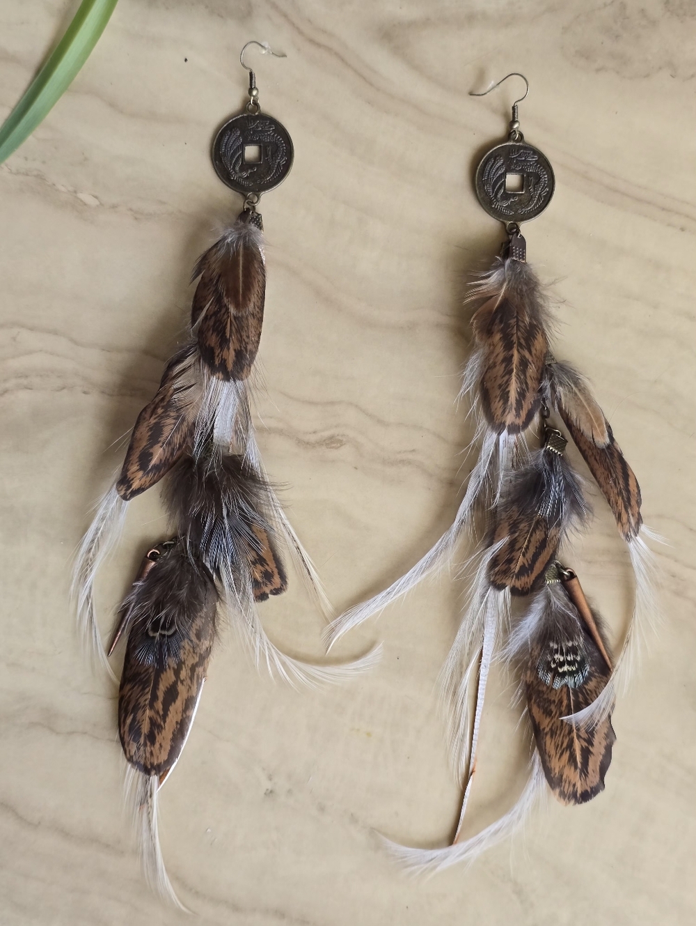 New! Long Feather, Leather Coin Earrings Drop Chain Spike charm Handcrafted